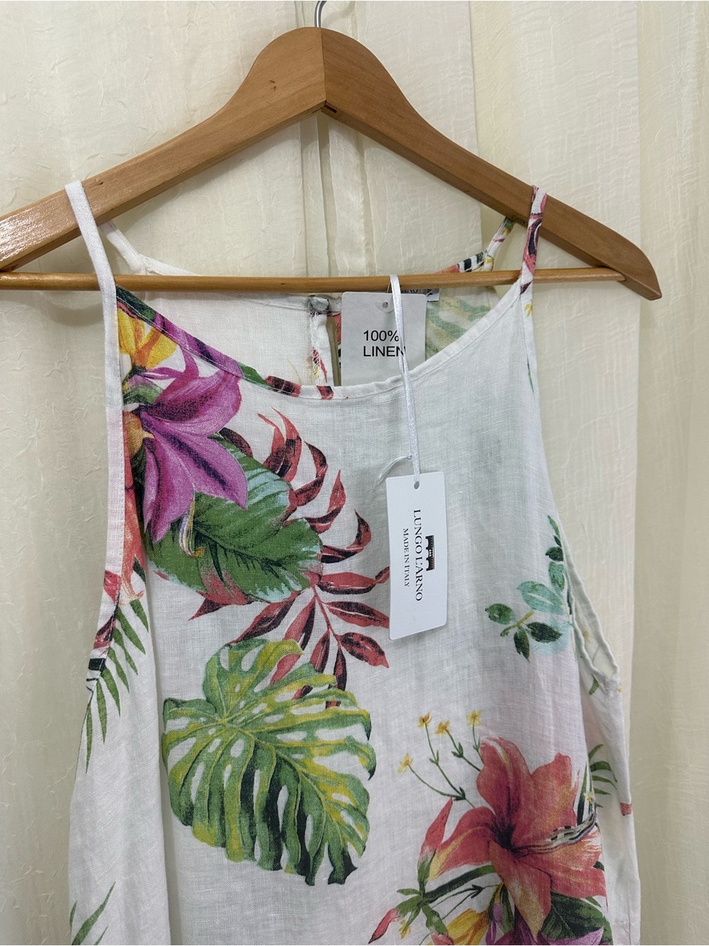 Lungo L’Arno 100% Linen Tropical Floral Midi Dress Strappy Sz M